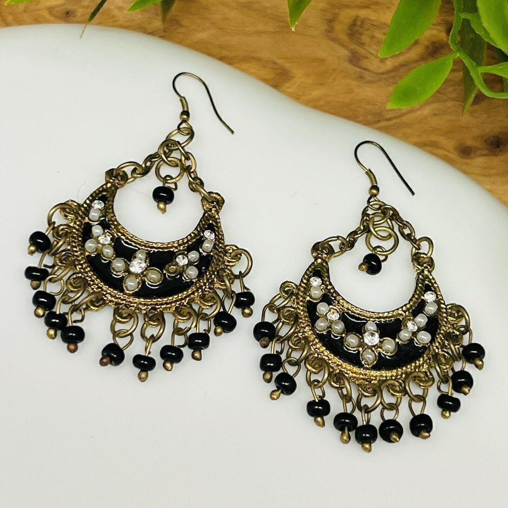 Vintage Beaded Dangle Earrings Ethnic Tribe Chain Gypsy Black Antiqued Gold 1303 - Picture 1 of 6